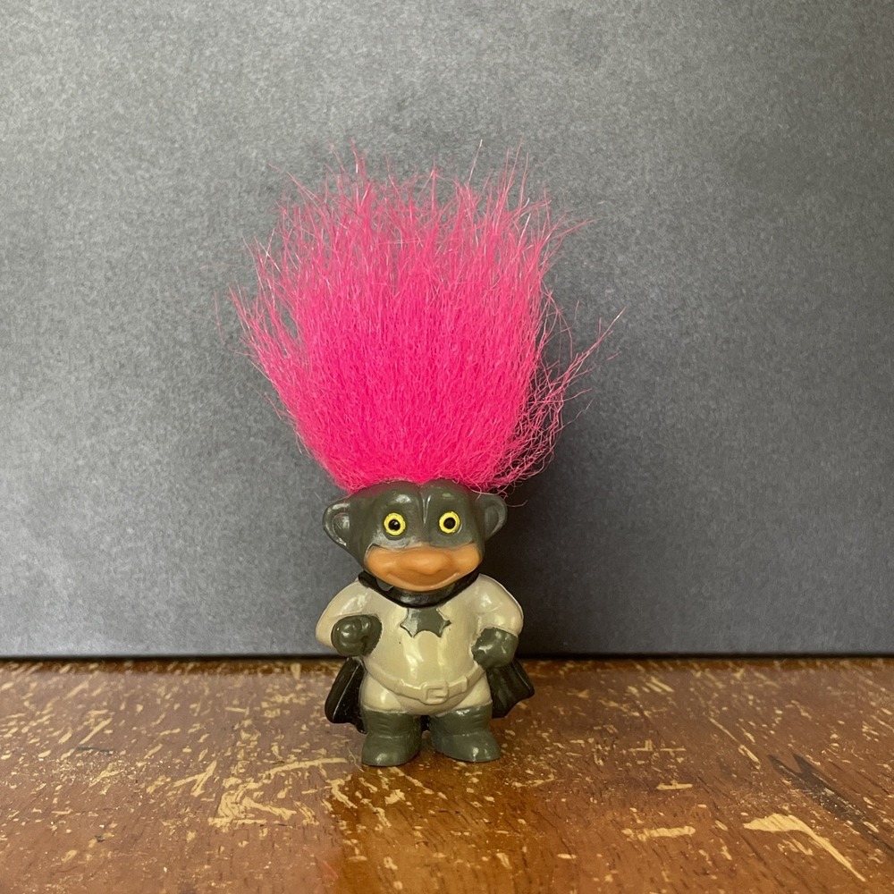 Vintage Soma Pink Hair Black Superhero Batman Outfit Mini Bat Troll Doll 1.75" H